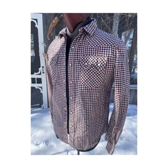 1980s Levi's Western Shirt Little e Black Orange Check Pearl Snap Sawtooth Pocke - Picture 6 of 10